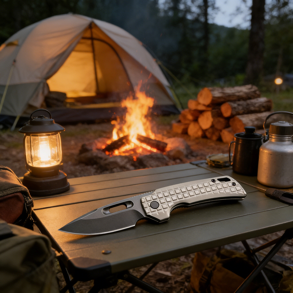 CRKT JJ102 Hand Grenade Texture Folding Knife - M390 Steel Blade & Titanium Handle with Square Knurled Grip | Compact 18cm EDC Knife