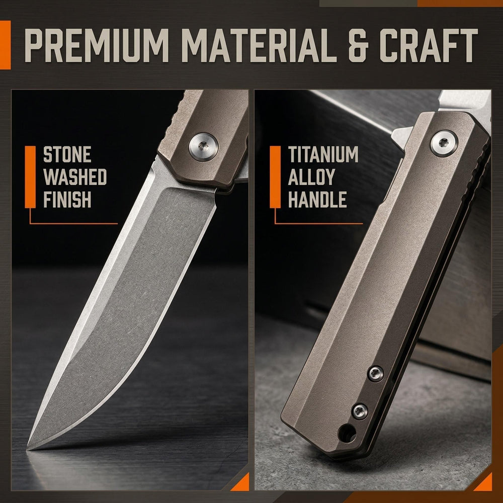 JJ030 EDC Folding Pocket Knife | 8CR18MOV Blade, 59-60HRC Hardness, Titanium Alloy Handle with Liner Lock, Smooth Ball Bearing Pivot Knife for Outdoor