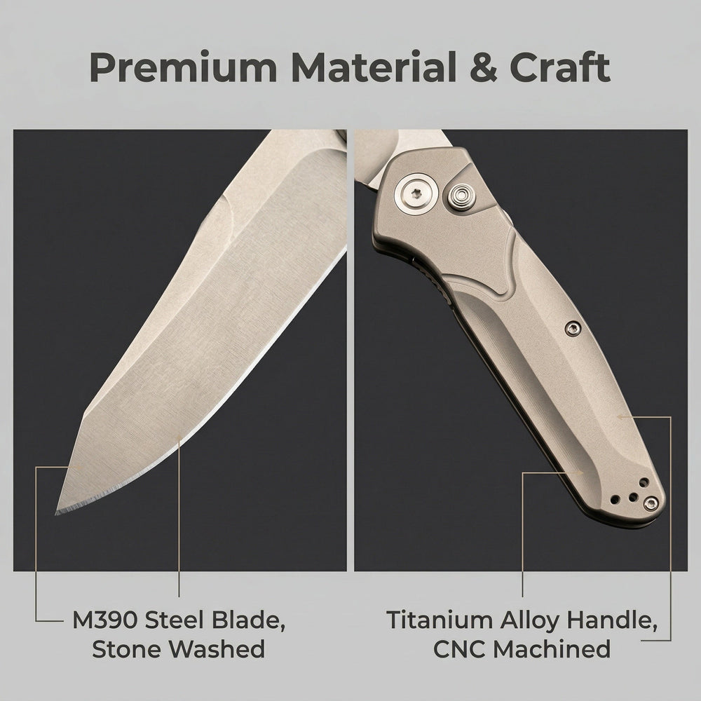 9400 Titanium M390 Automatic EDC Knife - Side-Opening, Ball Bearing Pivot, Liner Lock Pocket Knife for Outdoor & Collection