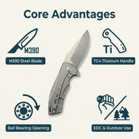JJ068 "Tank" EDC Folding Knife | M390 Premium Blade, 61-63HRC, TC4 Titanium Handle, Assisted Open Pocket Knife for Outdoor