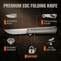 JJ030 EDC Folding Pocket Knife | 8CR18MOV Blade, 59-60HRC Hardness, Titanium Alloy Handle with Liner Lock, Smooth Ball Bearing Pivot Knife for Outdoor
