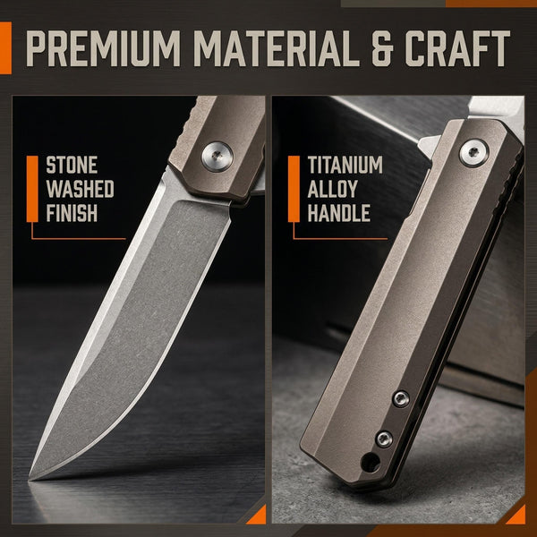 JJ030 EDC Folding Pocket Knife | 8CR18MOV Blade, 59-60HRC Hardness, Titanium Alloy Handle with Liner Lock, Smooth Ball Bearing Pivot Knife for Outdoor