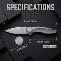 JJ085 Premium EDC Folding Knife | 14C28N Steel Blade, Titanium Handle, Ball Bearing Pivot, Liner Lock Pocket Knife for Outdoor & Collection