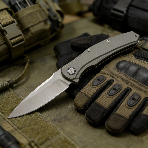 JJ079 titanium folding knife with D2 steel blade. Ultra-light 107g EDC knife with ball bearing system. Perfect for outdoor, camping, and collection.