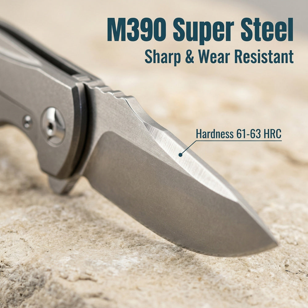 JJ068 "Tank" EDC Folding Knife | M390 Premium Blade, 61-63HRC, TC4 Titanium Handle, Assisted Open Pocket Knife for Outdoor