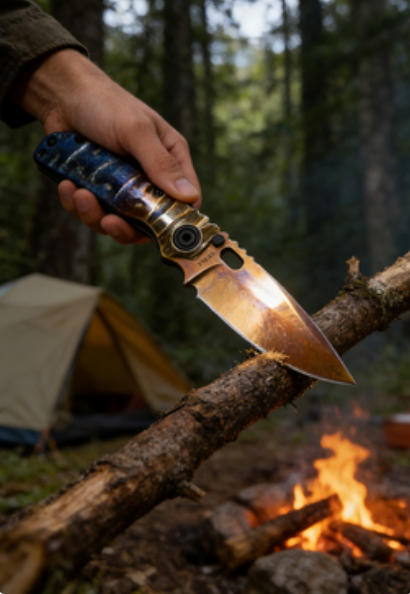 Titanium-Burned Handle Folding Knife Portable Special Steel Pocket Knife Daily EDC Outdoor Package Opener Gold Thunder Drop Point Blade Sharp Folding Knife