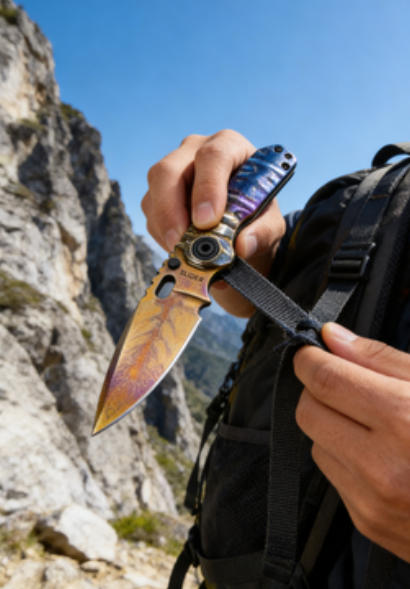 Titanium-Burned Handle Folding Knife Portable Special Steel Pocket Knife Daily EDC Outdoor Package Opener Gold Thunder Drop Point Blade Sharp Folding Knife