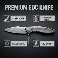 JJ085 Premium EDC Folding Knife | 14C28N Steel Blade, Titanium Handle, Ball Bearing Pivot, Liner Lock Pocket Knife for Outdoor & Collection