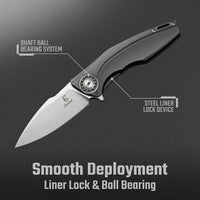 JJ085 Premium EDC Folding Knife | 14C28N Steel Blade, Titanium Handle, Ball Bearing Pivot, Liner Lock Pocket Knife for Outdoor & Collection